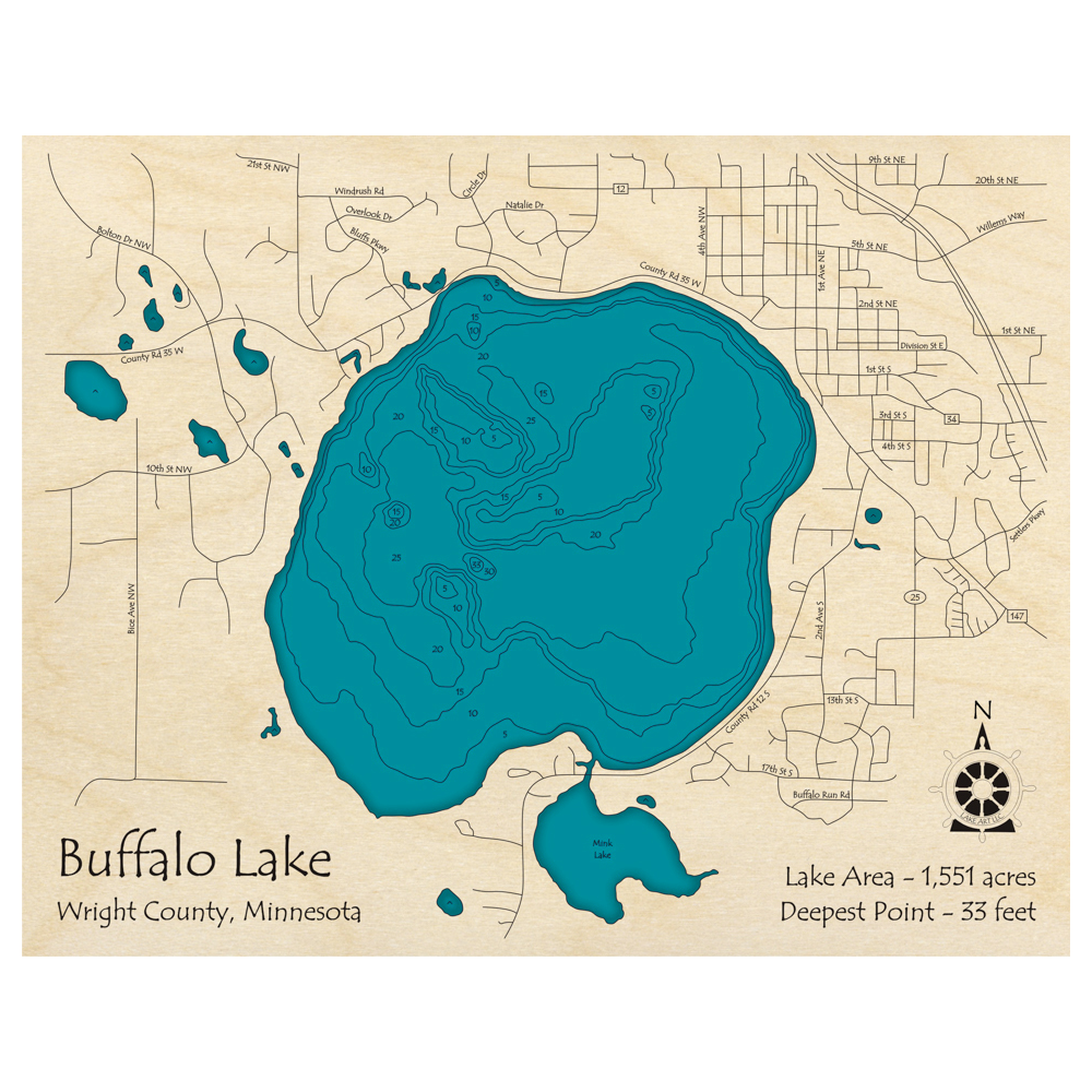 Bathymetric topo map of Buffalo Lake, MN with roads, towns and depths noted in blue water.