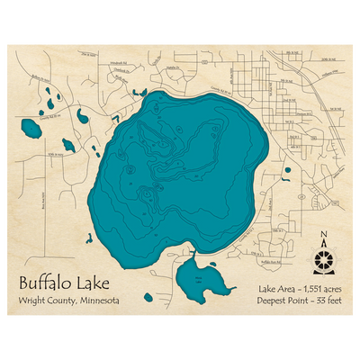 Bathymetric topo map of Buffalo Lake, MN with roads, towns and depths noted in blue water.
