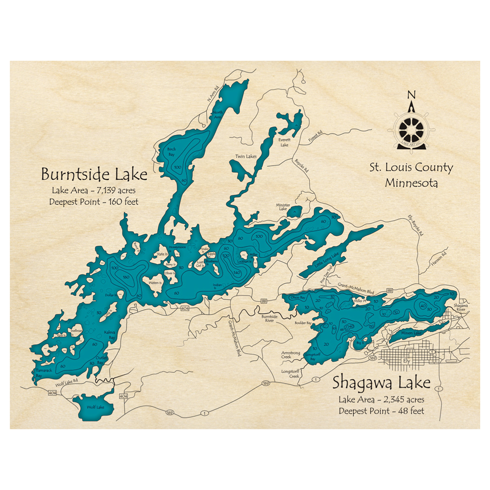 Bathymetric topo map of Burntside Lake and Shagawa Lake, MN with roads, towns and depths noted in blue water.