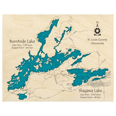 Bathymetric topo map of Burntside Lake and Shagawa Lake, MN with roads, towns and depths noted in blue water.