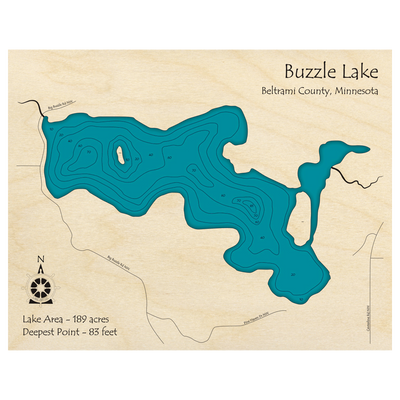 Bathymetric topo map of Buzzle Lake, MN with roads, towns and depths noted in blue water.