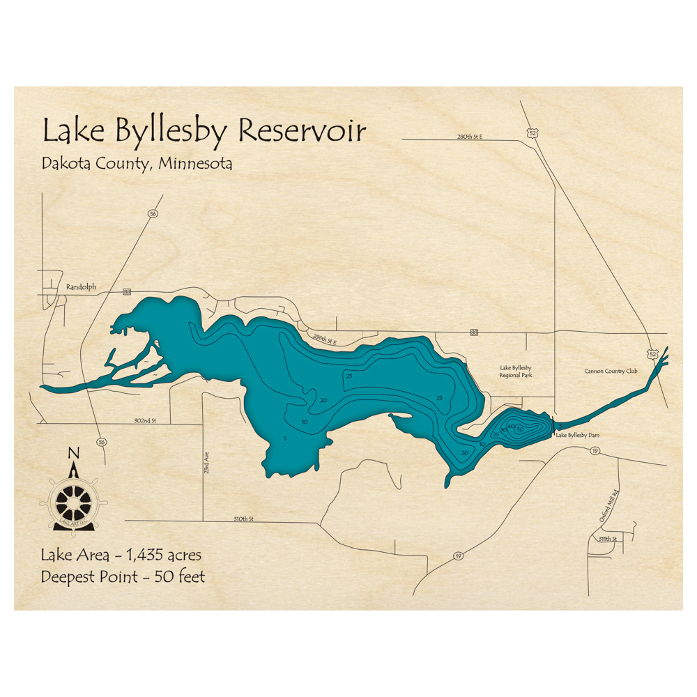 Bathymetric topo map of Lake Byllesby Reservoir, MN with roads, towns and depths noted in blue water.