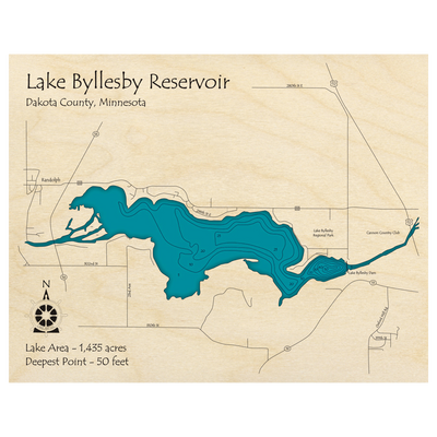 Bathymetric topo map of Lake Byllesby Reservoir, MN with roads, towns and depths noted in blue water.
