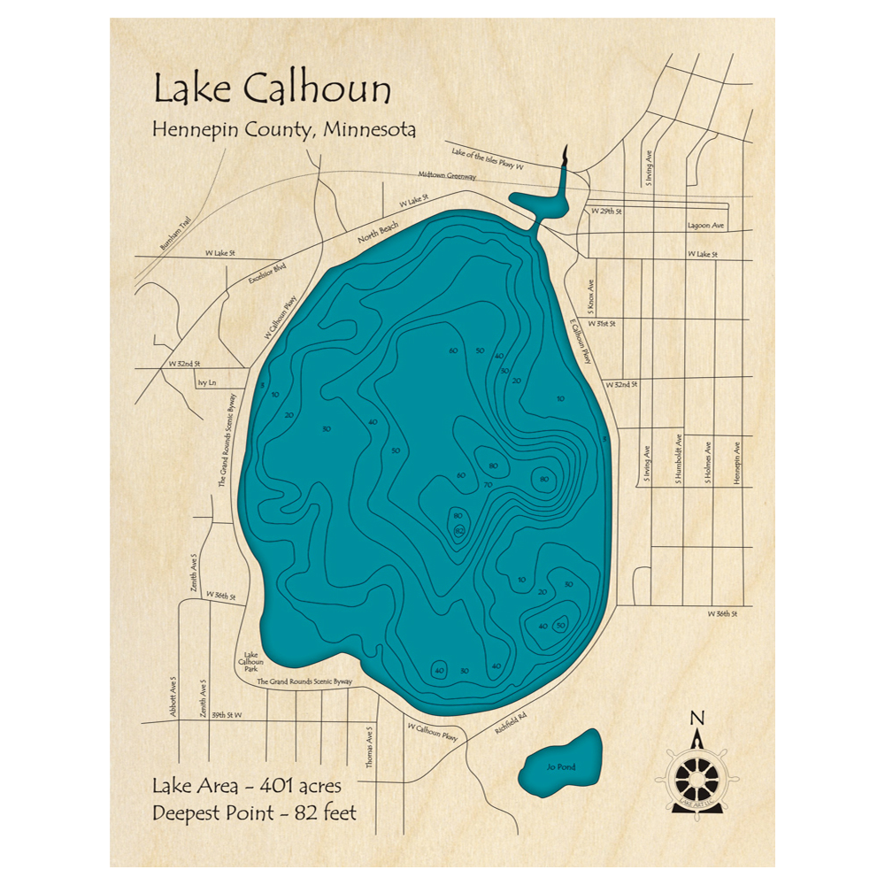 Bathymetric topo map of Lake Calhoun, MN with roads, towns and depths noted in blue water.