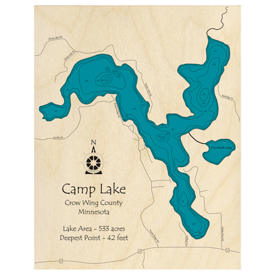 Bathymetric topo map of Camp Lake, MN with roads, towns and depths noted in blue water.