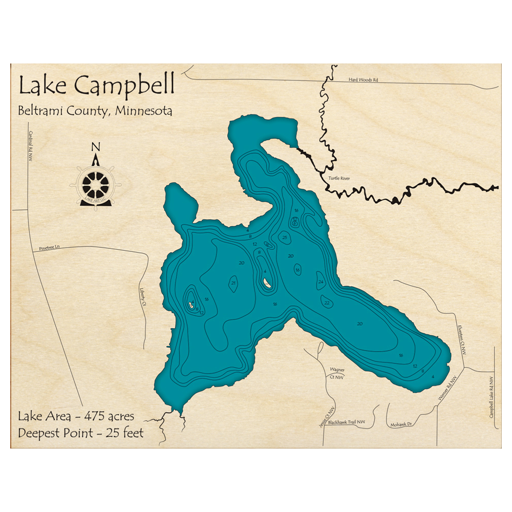 Bathymetric topo map of Lake Campbell, MN with roads, towns and depths noted in blue water.
