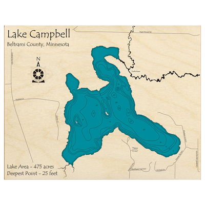 Bathymetric topo map of Lake Campbell, MN with roads, towns and depths noted in blue water.