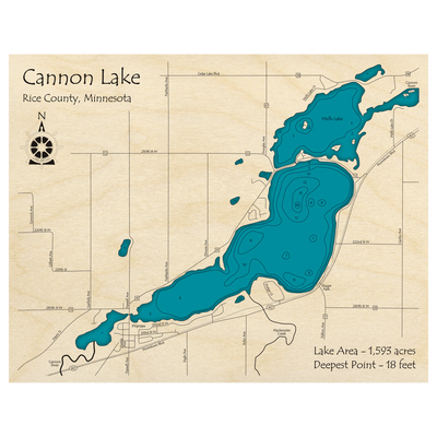 Bathymetric topo map of Cannon Lake and Wells Lake, MN with roads, towns and depths noted in blue water.