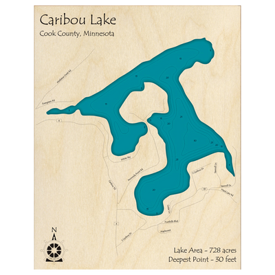 Bathymetric topo map of Caribou Lake, MN with roads, towns and depths noted in blue water.