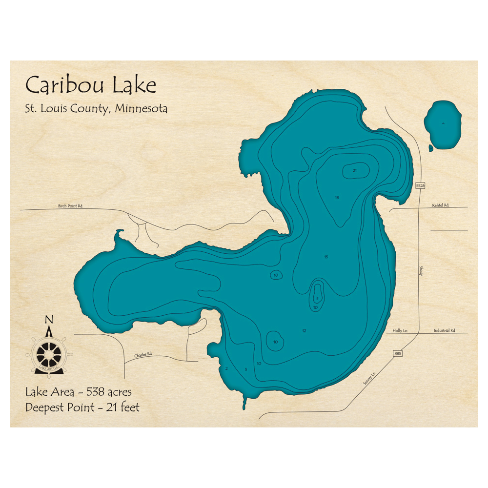 Bathymetric topo map of Caribou Lake, MN with roads, towns and depths noted in blue water.