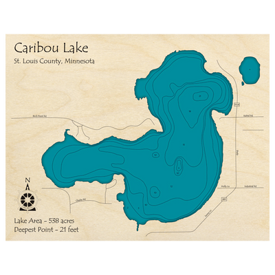 Bathymetric topo map of Caribou Lake, MN with roads, towns and depths noted in blue water.