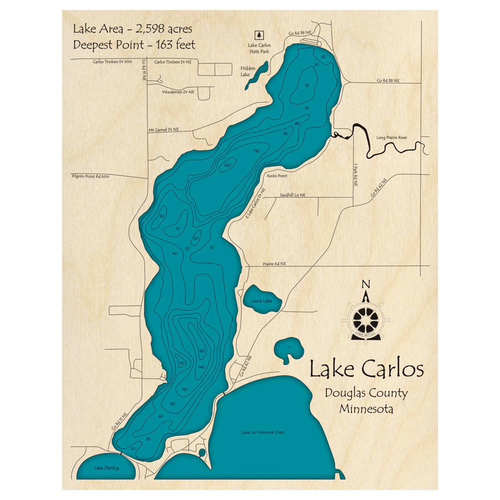 Bathymetric topo map of Lake Carlos, MN with roads, towns and depths noted in blue water.