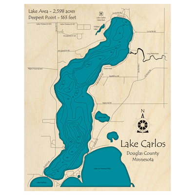 Bathymetric topo map of Lake Carlos, MN with roads, towns and depths noted in blue water.