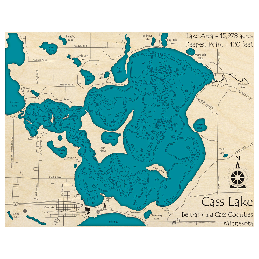 Bathymetric topo map of Cass Lake, MN with roads, towns and depths noted in blue water.