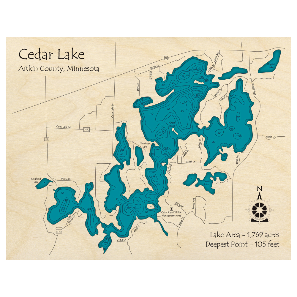 Bathymetric topo map of Cedar Lake, MN with roads, towns and depths noted in blue water.