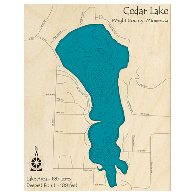 Bathymetric topo map of Cedar Lake, MN with roads, towns and depths noted in blue water.