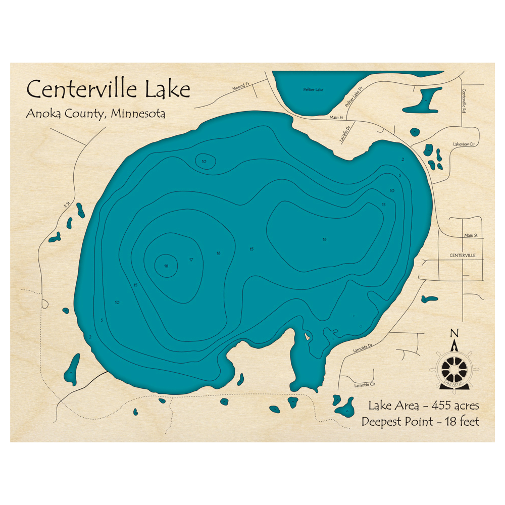 Bathymetric topo map of Centerville Lake, MN with roads, towns and depths noted in blue water.