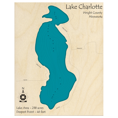 Bathymetric topo map of Lake Charlotte, MN with roads, towns and depths noted in blue water.