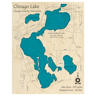 Bathymetric topo map of Chisago Lake, MN with roads, towns and depths noted in blue water.