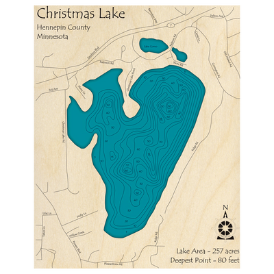 Bathymetric topo map of Christmas Lake, MN with roads, towns and depths noted in blue water.