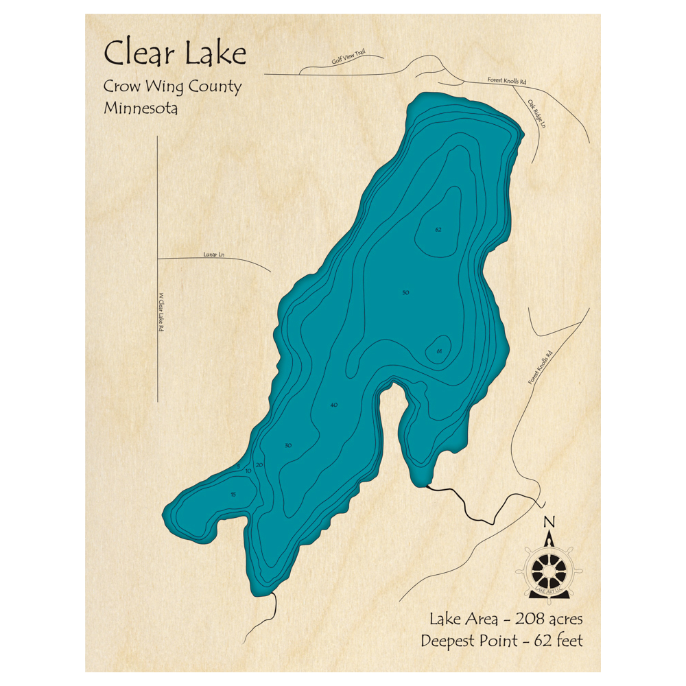 Bathymetric topo map of Clear Lake, MN with roads, towns and depths noted in blue water.