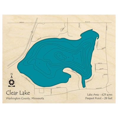 Bathymetric topo map of Clear Lake, MN with roads, towns and depths noted in blue water.