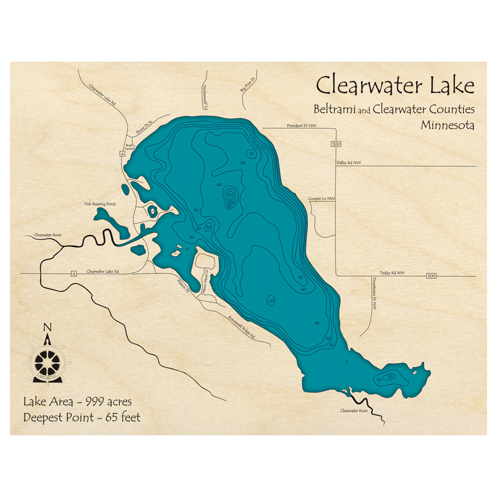 Bathymetric topo map of Clearwater Lake, MN with roads, towns and depths noted in blue water.