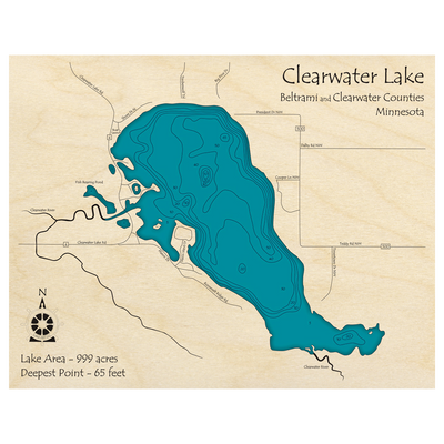 Bathymetric topo map of Clearwater Lake, MN with roads, towns and depths noted in blue water.