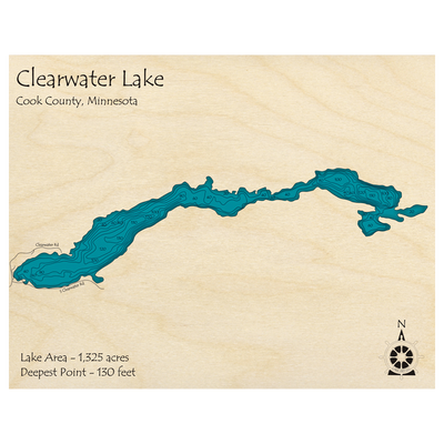 Bathymetric topo map of Clearwater Lake, MN with roads, towns and depths noted in blue water.