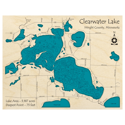 Bathymetric topo map of Clearwater Lake, MN with roads, towns and depths noted in blue water.