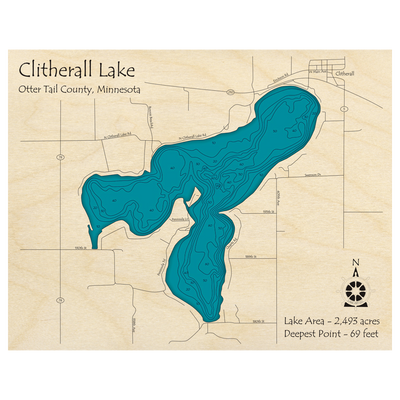 Bathymetric topo map of Clitherall Lake, MN with roads, towns and depths noted in blue water.