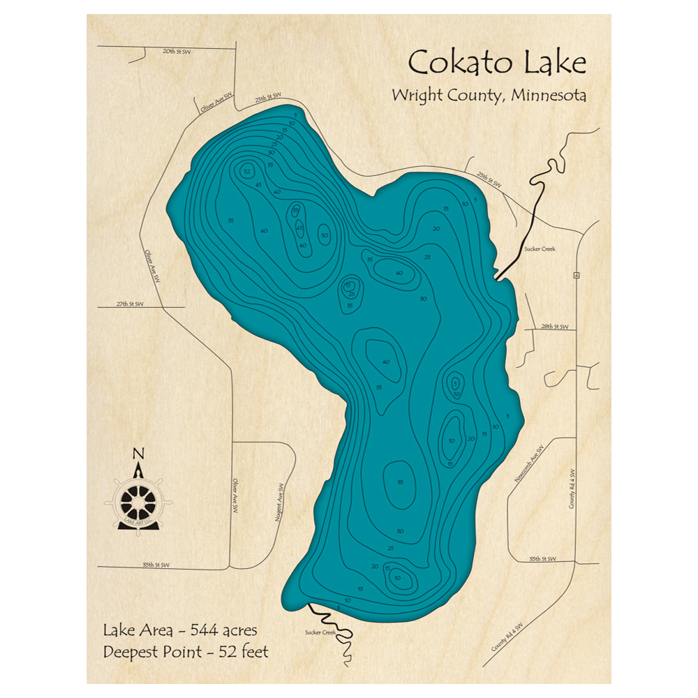 Bathymetric topo map of Cokato Lake, MN with roads, towns and depths noted in blue water.