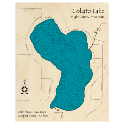 Bathymetric topo map of Cokato Lake, MN with roads, towns and depths noted in blue water.