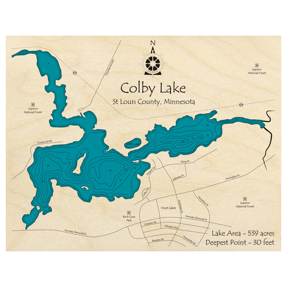 Bathymetric topo map of Colby Lake, MN with roads, towns and depths noted in blue water.