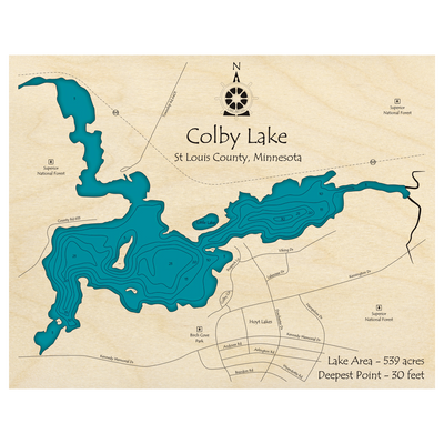 Bathymetric topo map of Colby Lake, MN with roads, towns and depths noted in blue water.