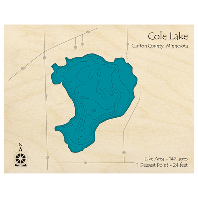 Bathymetric topo map of Cole Lake, MN with roads, towns and depths noted in blue water.