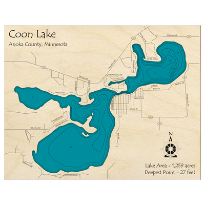 Bathymetric topo map of Coon Lake, MN with roads, towns and depths noted in blue water.