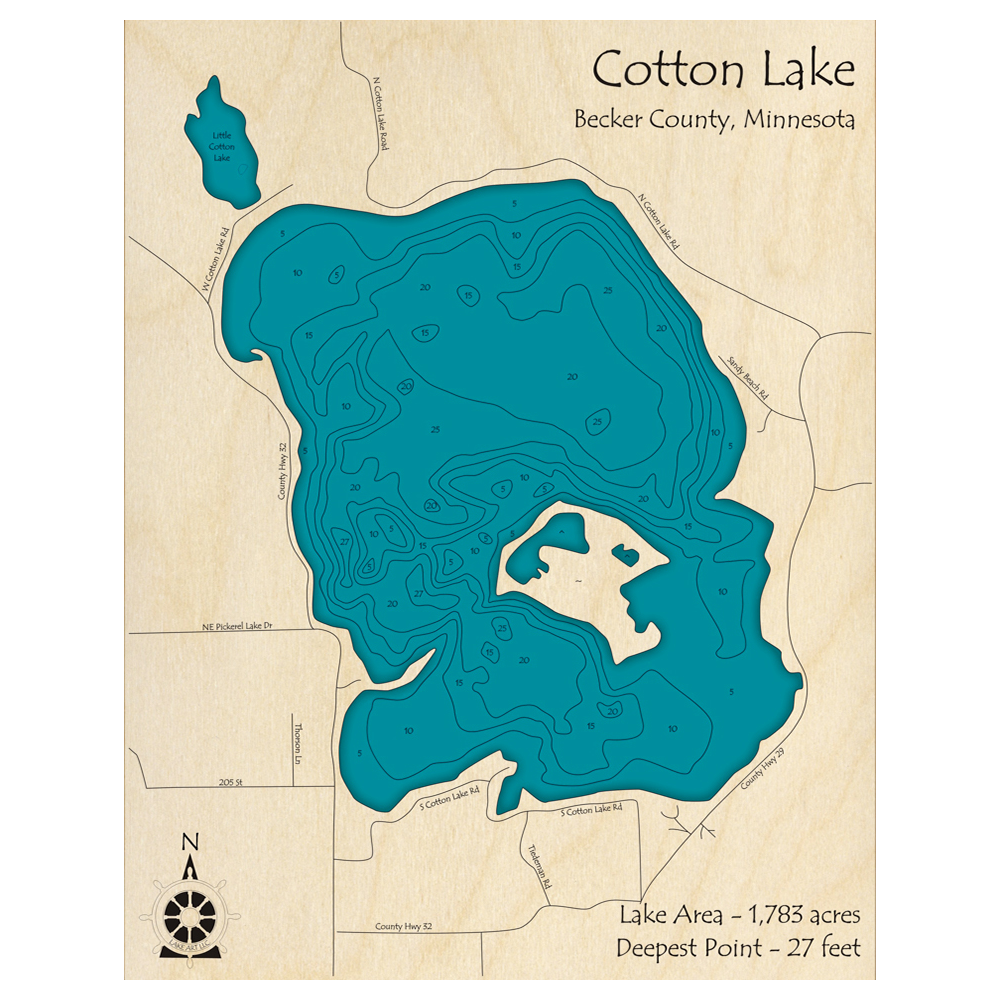 Bathymetric topo map of Cotton Lake, MN with roads, towns and depths noted in blue water.
