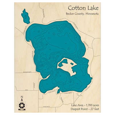 Bathymetric topo map of Cotton Lake, MN with roads, towns and depths noted in blue water.
