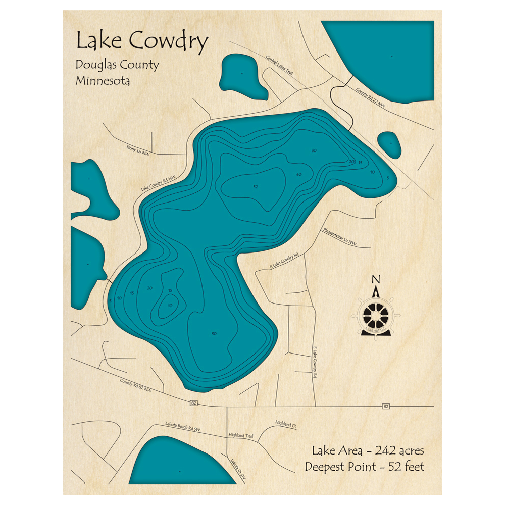 Bathymetric topo map of Cowdry Lake, MN with roads, towns and depths noted in blue water.