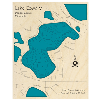 Bathymetric topo map of Cowdry Lake, MN with roads, towns and depths noted in blue water.