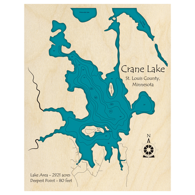 Bathymetric topo map of Crane Lake, MN with roads, towns and depths noted in blue water.