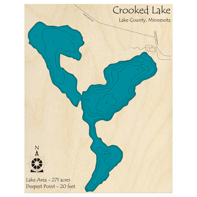 Bathymetric topo map of Crooked Lake, MN with roads, towns and depths noted in blue water.