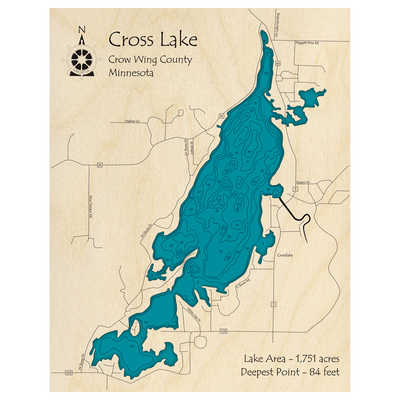 Bathymetric topo map of Cross Lake, MN with roads, towns and depths noted in blue water.