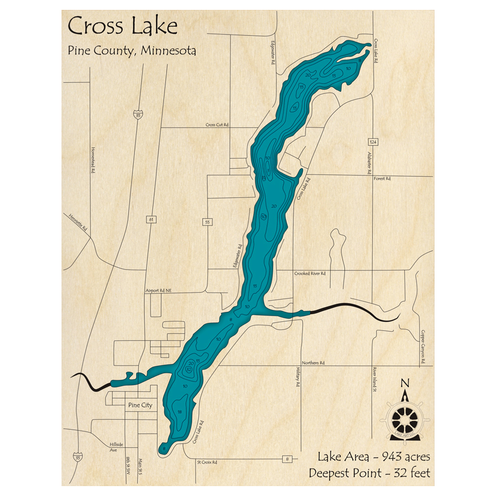 Bathymetric topo map of Cross Lake, MN with roads, towns and depths noted in blue water.