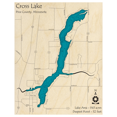 Bathymetric topo map of Cross Lake, MN with roads, towns and depths noted in blue water.