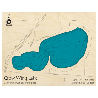 Bathymetric topo map of Crow Wing Lake, MN with roads, towns and depths noted in blue water.