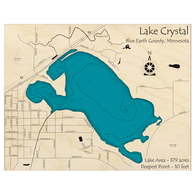 Bathymetric topo map of Crystal Lake, MN with roads, towns and depths noted in blue water.