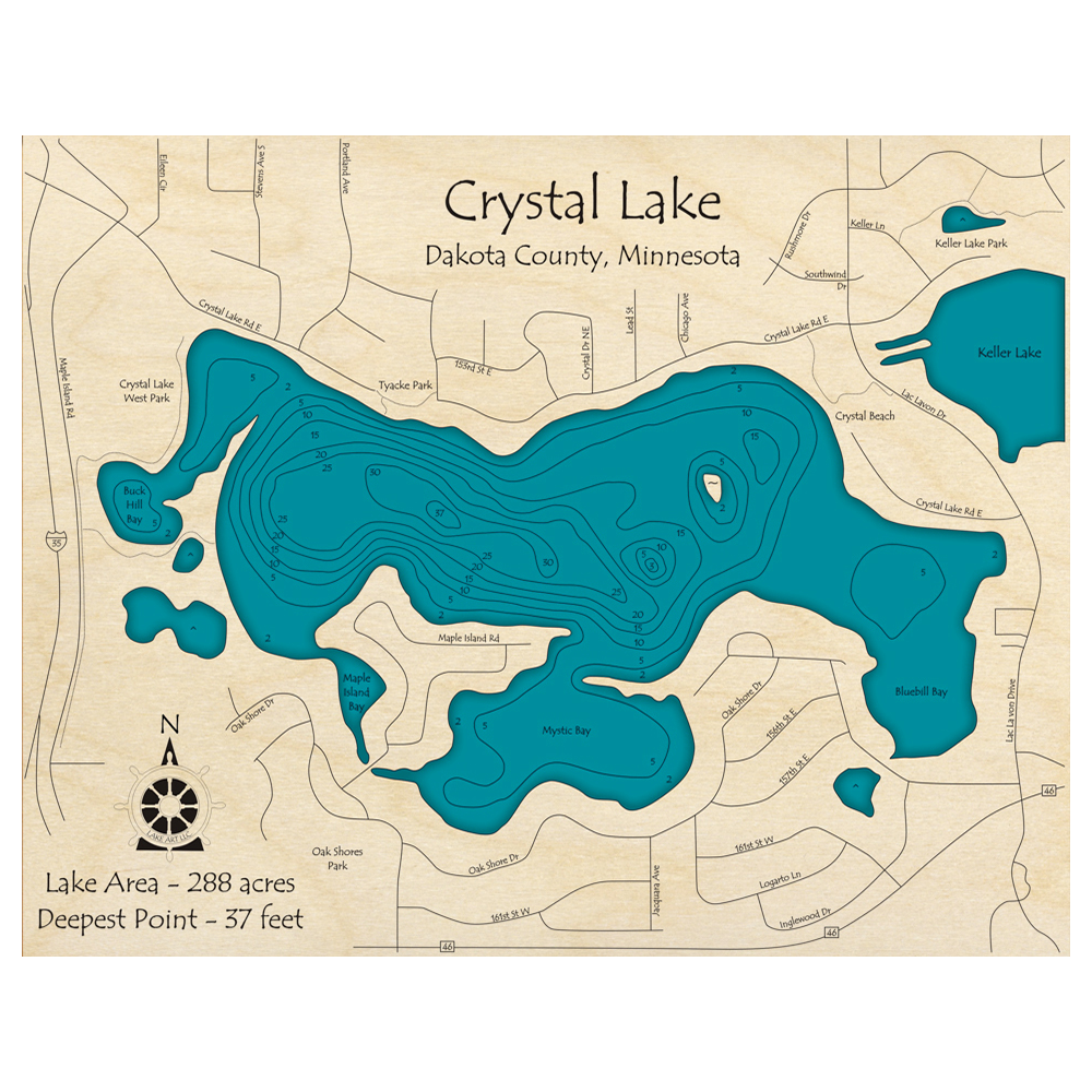 Bathymetric topo map of Crystal Lake, MN with roads, towns and depths noted in blue water.