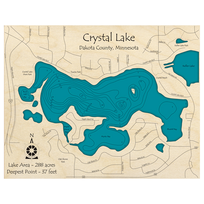 Bathymetric topo map of Crystal Lake, MN with roads, towns and depths noted in blue water.